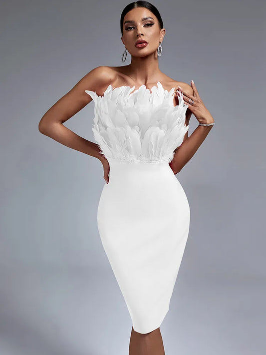 Feather Bandage Bodycon Midi Strapless Evening Dress