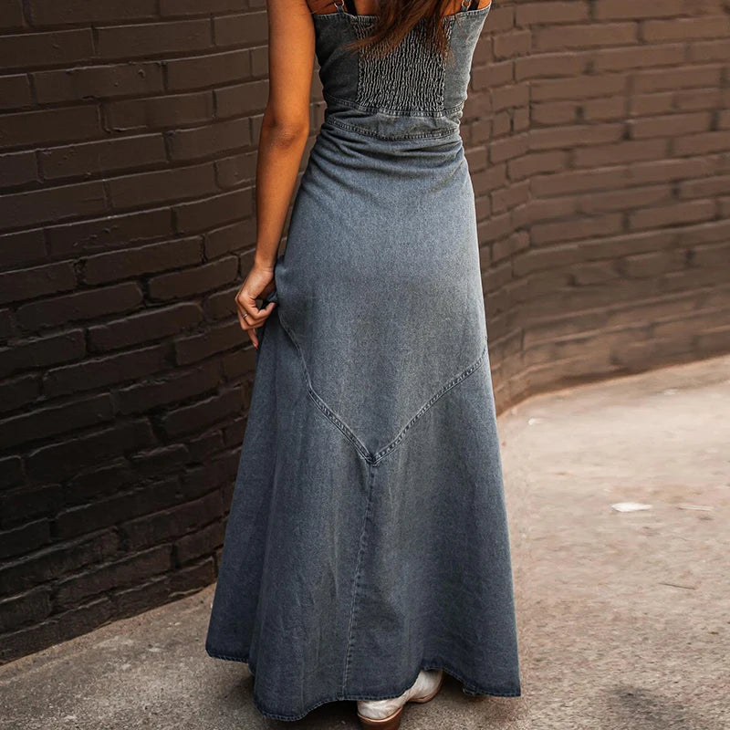 Vintage Denim Button-Up Single Breasted High Slit Sleeveless Halter Strap Cowgirl Maxi Jean Dress