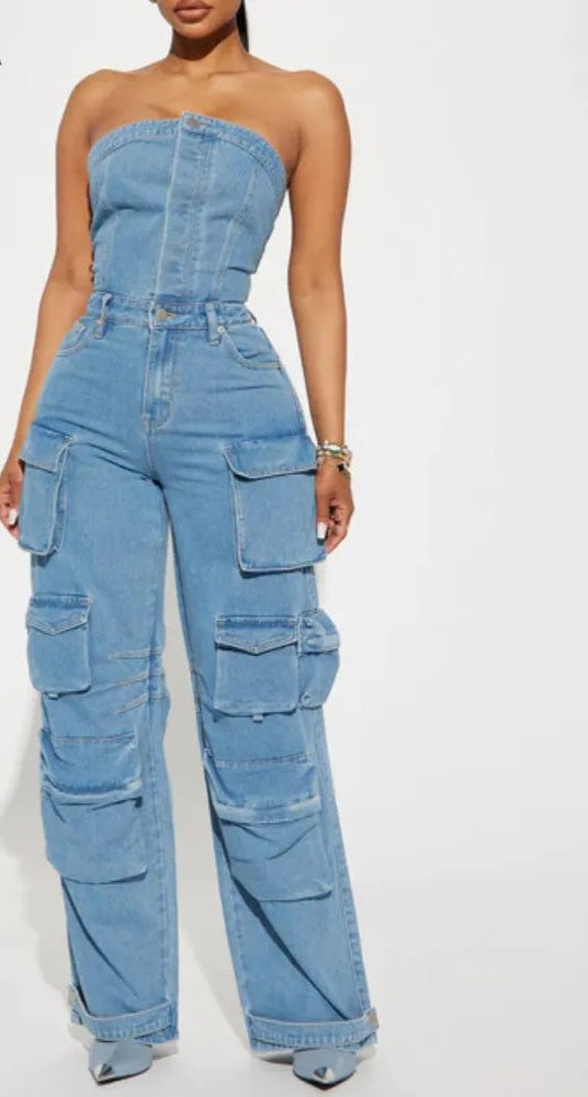 Sleeveless Button Front Strapless Pocket Side Cargo Denim Jean Jumpsuit