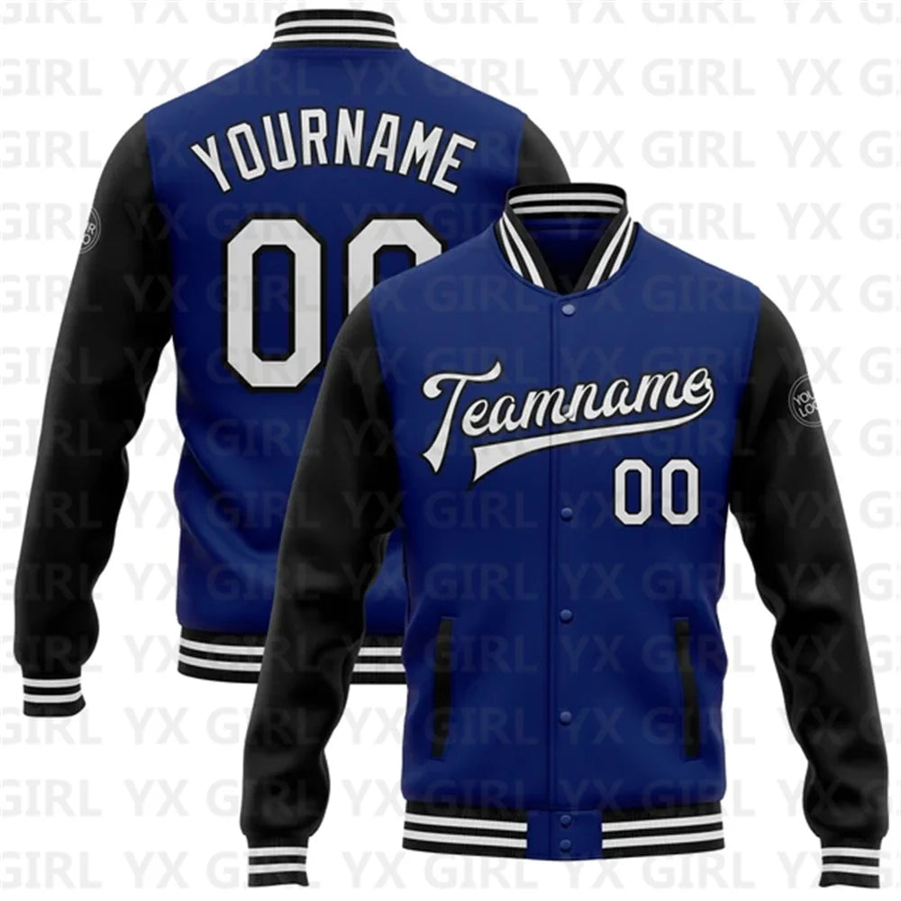 Customized Unisex 3D Letter Print/Team Name Personalized Royal White/Black/Gray Full-Snap Letterman's 2-Tone Baseball Button-Up Varsity Bomber Jacket