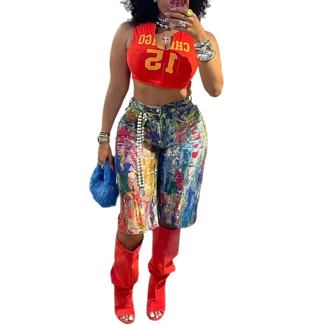 Denim Rainbow Paint Splatter Print Women's Knee-Length High Waist Distressed Washed Streetwear Jean Shorts