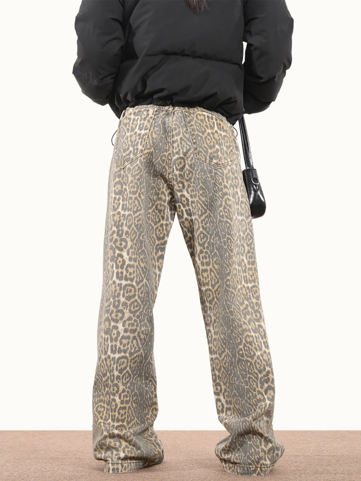 Leopard Washed Women's Retro Loose High Waist Straight Leg Jeans