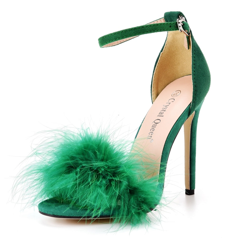 Furry Peep Toe Stiletto Ankle Strap Sandals