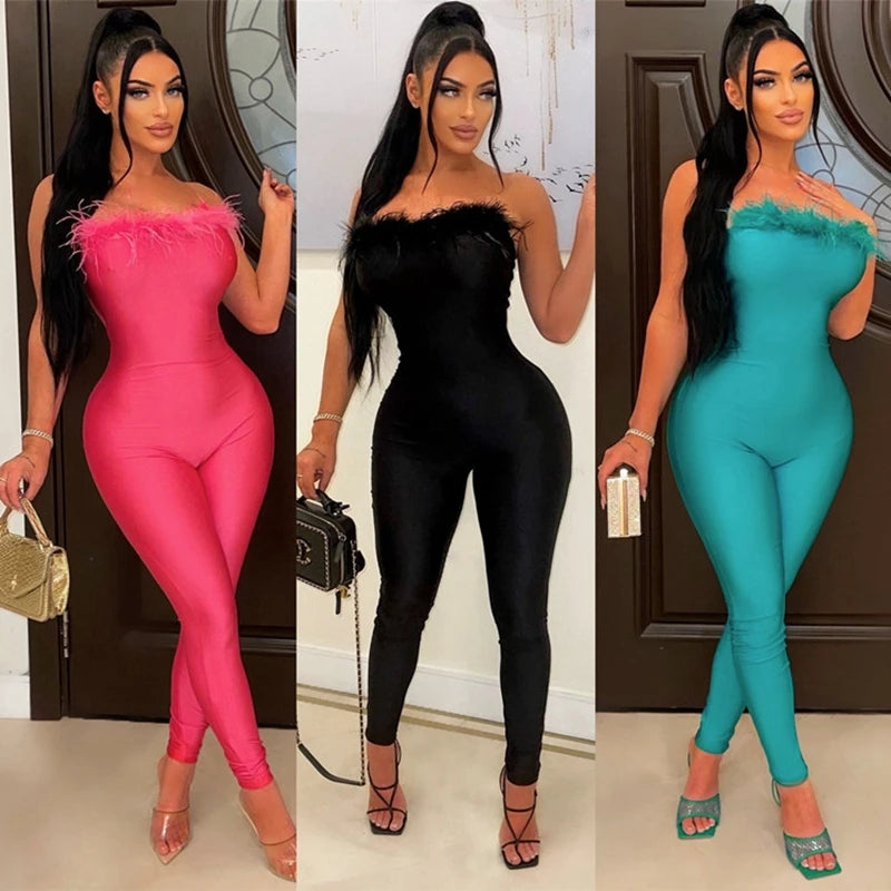 Feather Trim Solid Color Sleeveless Bodycon Bandage Tube Skinny  Women's Jumpsuit