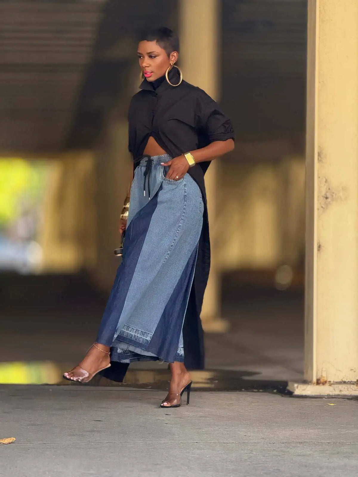 Denim 2-Tone Colorblock Elastic Waist Patchwork Washed Streetwear Distressed Women's Ankle Length Wide Leg Jeans