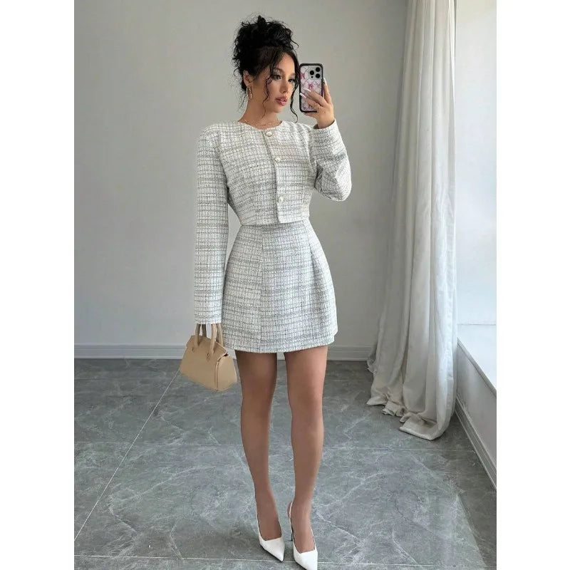 Tweed Plaid Sleeveless Corset Mini Dress w/  O-Neck Blazer Women's Matching 2-Piece Suit
