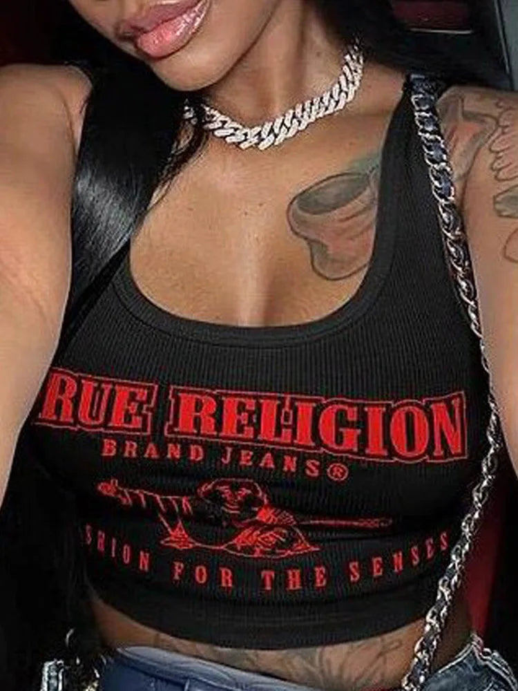 True Religion Letter Print U-Neck Women's Cropped Tank Top