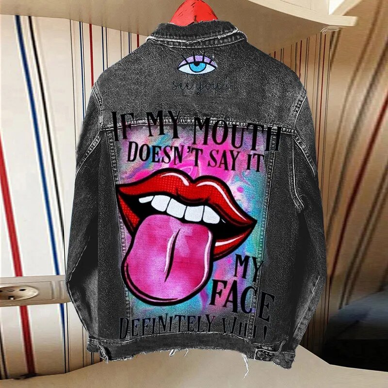 3D Paint Print Ladies Pattern Lapel Denim Jean Jackets