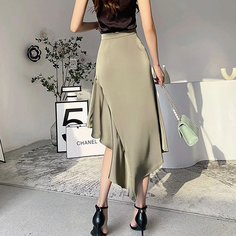 Ruffled High Waist Satin Irregular A-Line Mermaid Midi Skirt