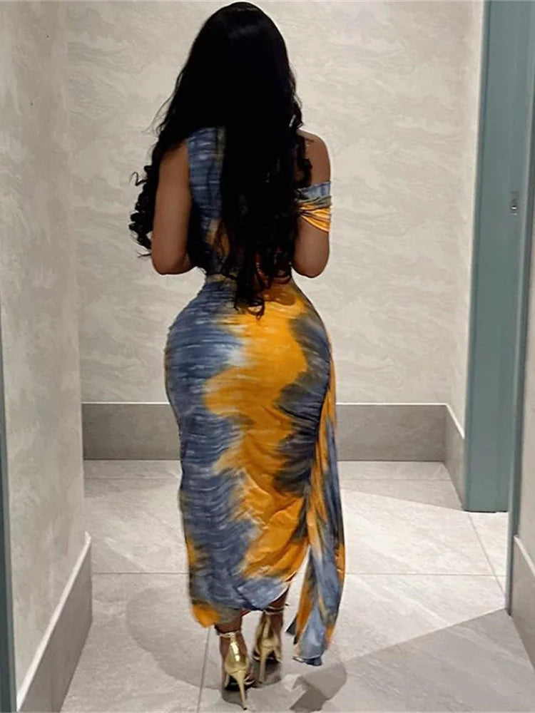 Tie-Dye Off-the-Shoulder Tassel Detail Colorblock Side Slit Skew Collar Bare Shoulder Maxi Dress