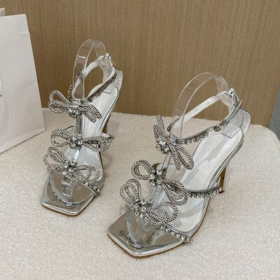 Rhinestone Bow Stiletto PU Thin Strap Sandals