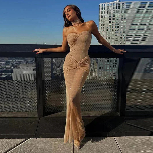 Sequin Criss-Cross Ruched Waist Sheer Transparent Strapless Skinny Tube Maxi Dress