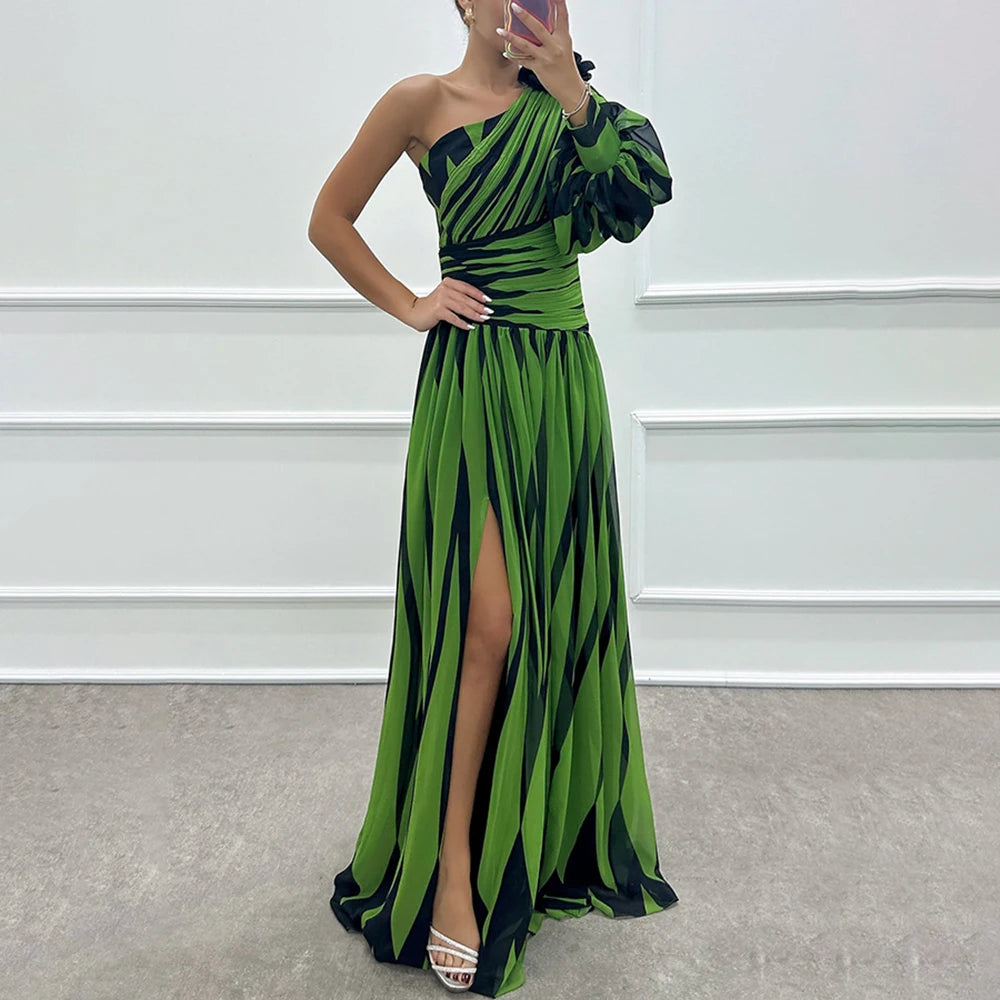 One Puff Sleeve Geometric Asymmetrical Striped High Slit Formal Maxi Party Dress