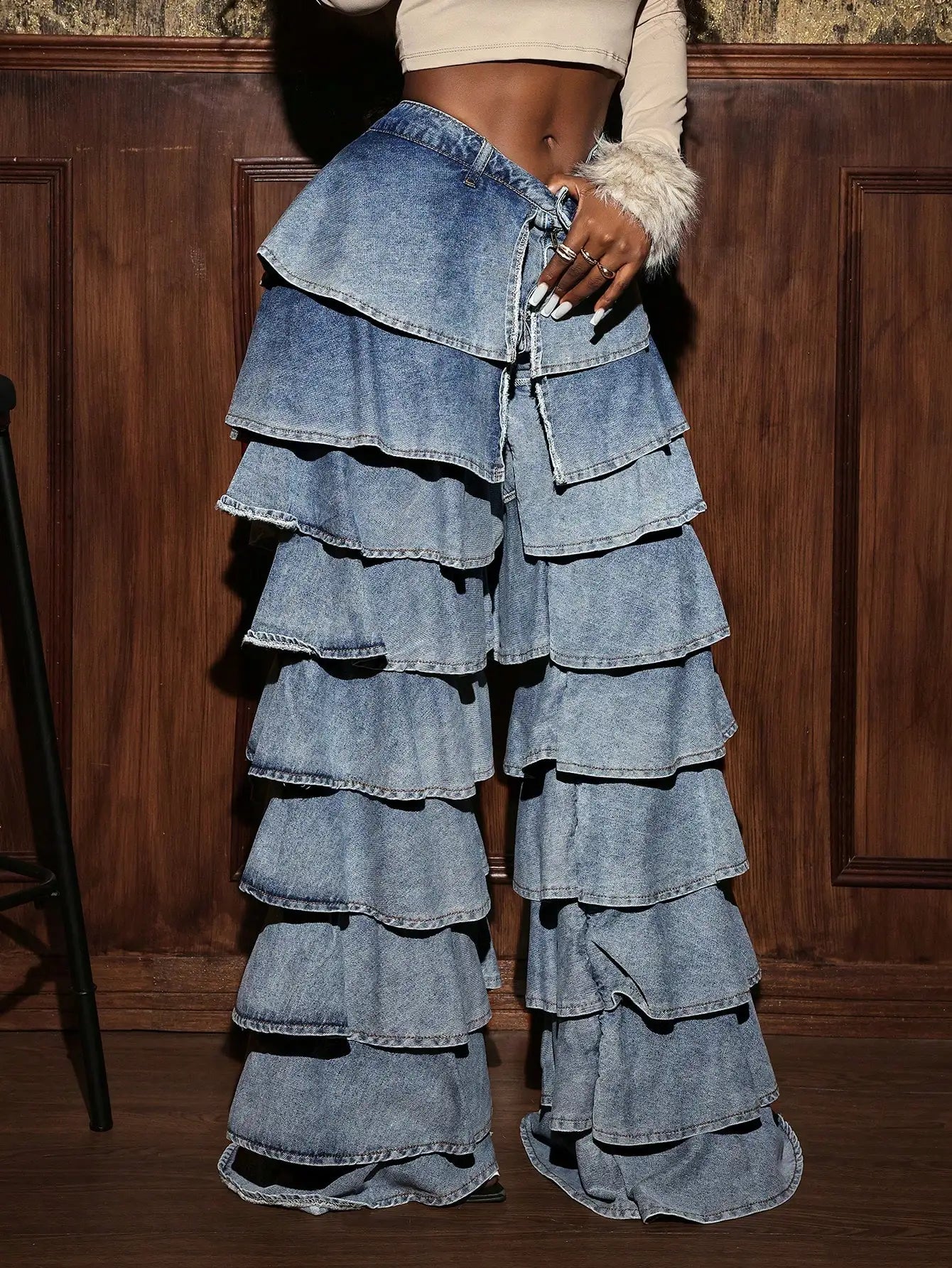Denim Tiered Ruffled Layered Wide Leg Women's Streetwear Jeans