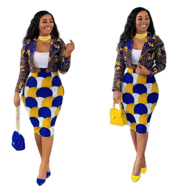 Women's Blue/Yellow/White Blazer + Midi Skirt Suit