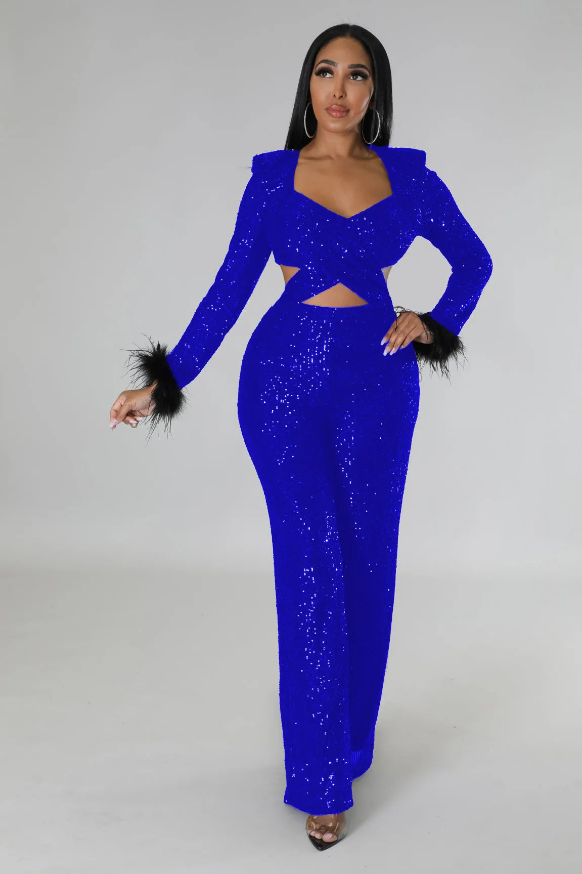 Sequin Feather Hollow Slim Long Sleeved Party Jumpsuit