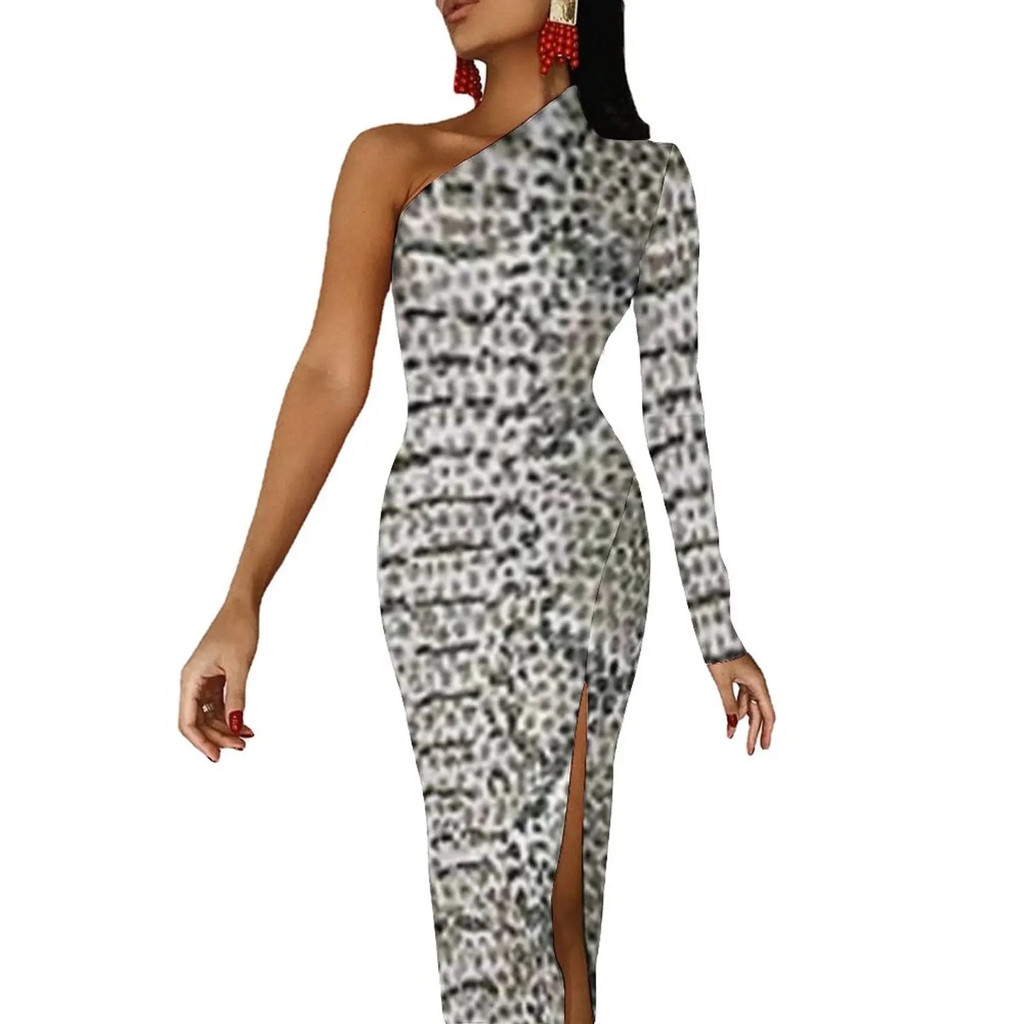 Snake Print/Geometric High Slit One Shoulder Long Sleeve Party Bodycon Maxi Dress