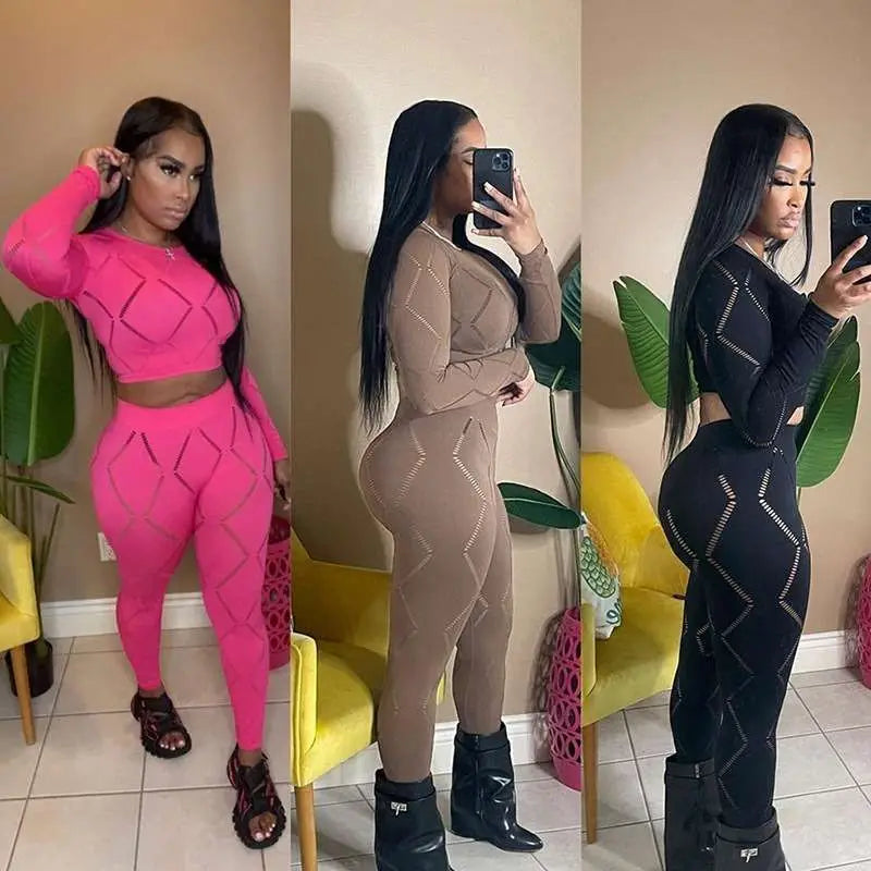 Knitted Geometric Pattern Long Sleeve Crop Top + Matching Biker Shorts Women's Solid Color 2-Piece Set
