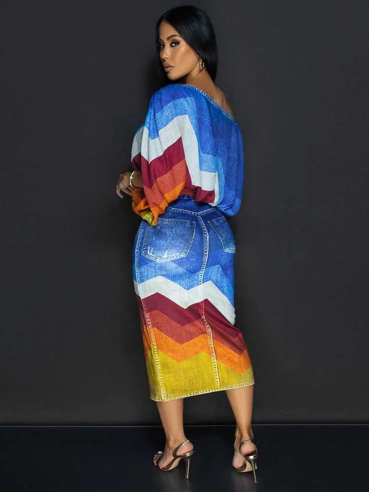 Mock Denim Striped Colorblock Slash Neck Women's Long Sleeve Crop Top + Open High Slit Skirt 2-Piece Set