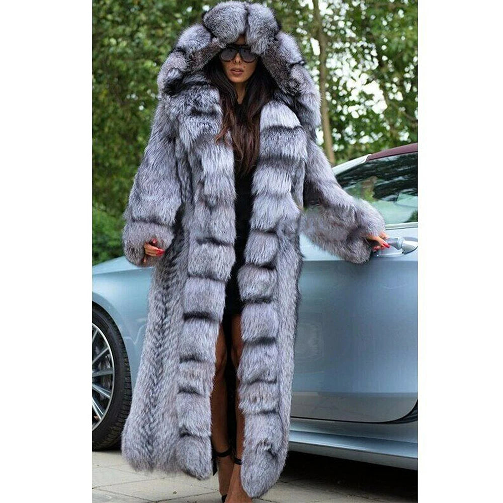Silver/Black Zebra Striped Pattern Hooded Fox Fur Trenchcoat