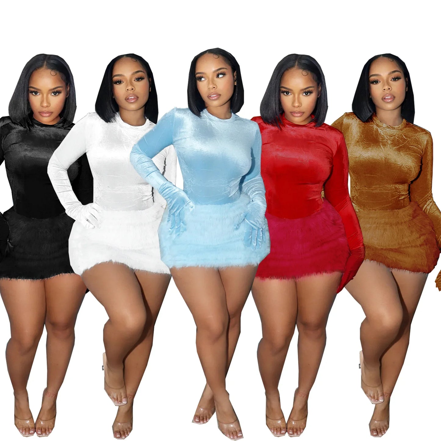 Velvet Long Sleeve Solid Color Women's Bodysuit+ Faux Fur Mini Skirt 2-Piece Set