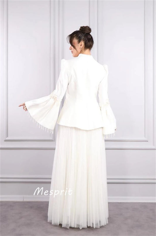 Satin Stand Collar Flared Sleeve A-Line Beaded Tulle Draped Bespoke Pleated Formal Occasion Maxi Dress