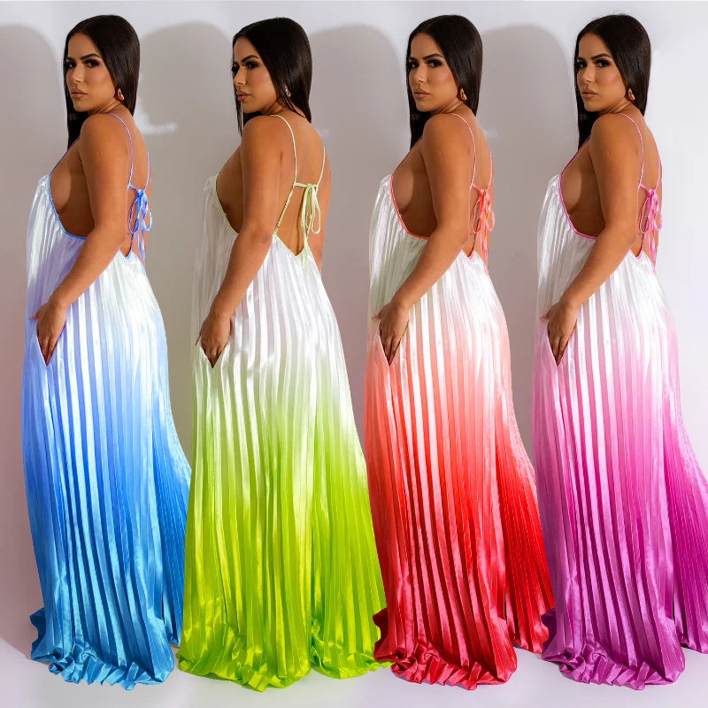 Gradient Colorblock Pleated Oversized V-Neck Spaghetti Strap Sleeveless Lace-Up Backless Wide Leg Jumpsuit