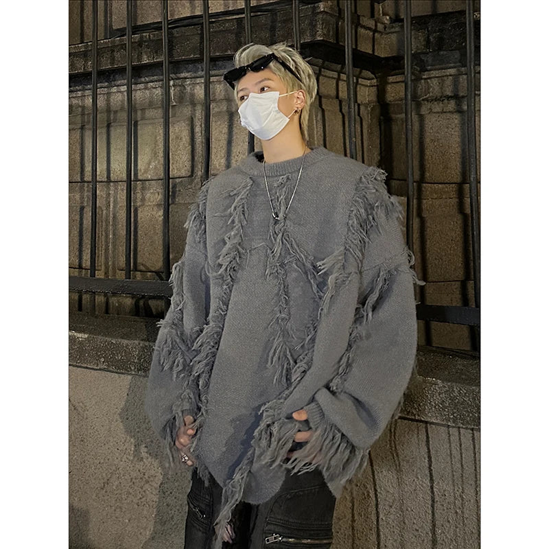 Men's Ripped Oversized Tassels Fringe Women's Streetwear Pullover Knitted O-Neck Sweaters