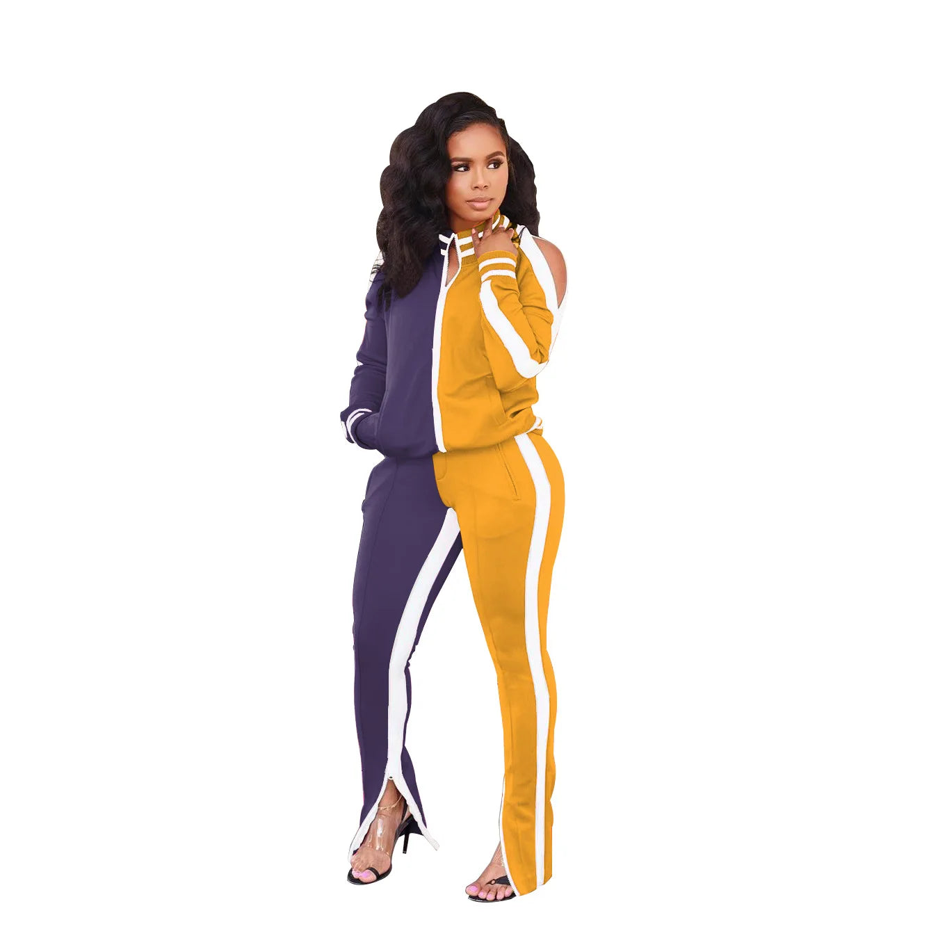 Side Striped Women's Cold Shoulder Colorblock Zipper Jacket + Bodycon Sweatpants Tracksuit