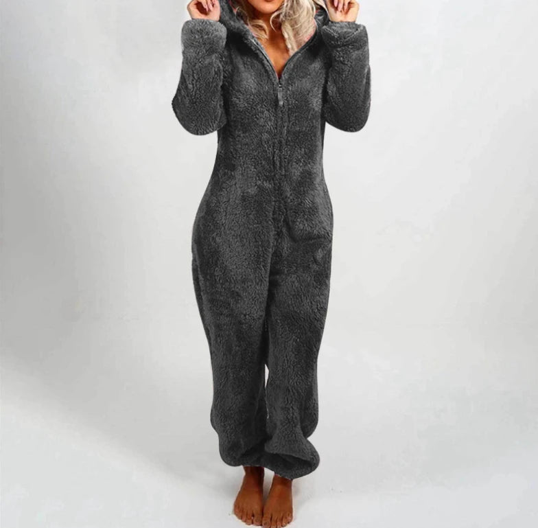 Faux Fur Fleece Women's Onesie Zipper Hoodie Teddy Jumpsuit