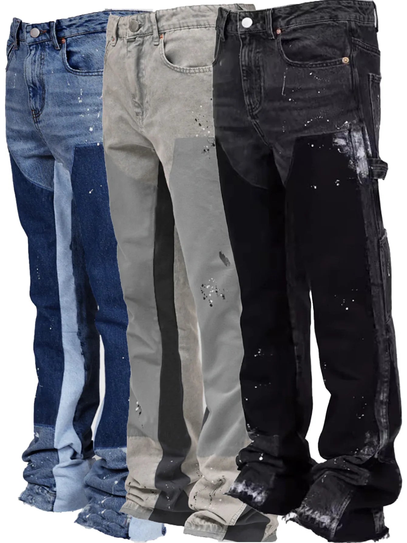Men's Side Striped Colorblock Stretch Stacked Elastic Waist Patchwork Denim Fringe Ripped Jeans