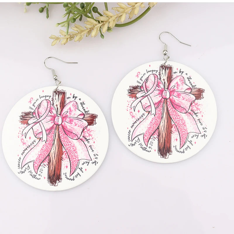 Round Pink Breast Cancer Wooden Earrings