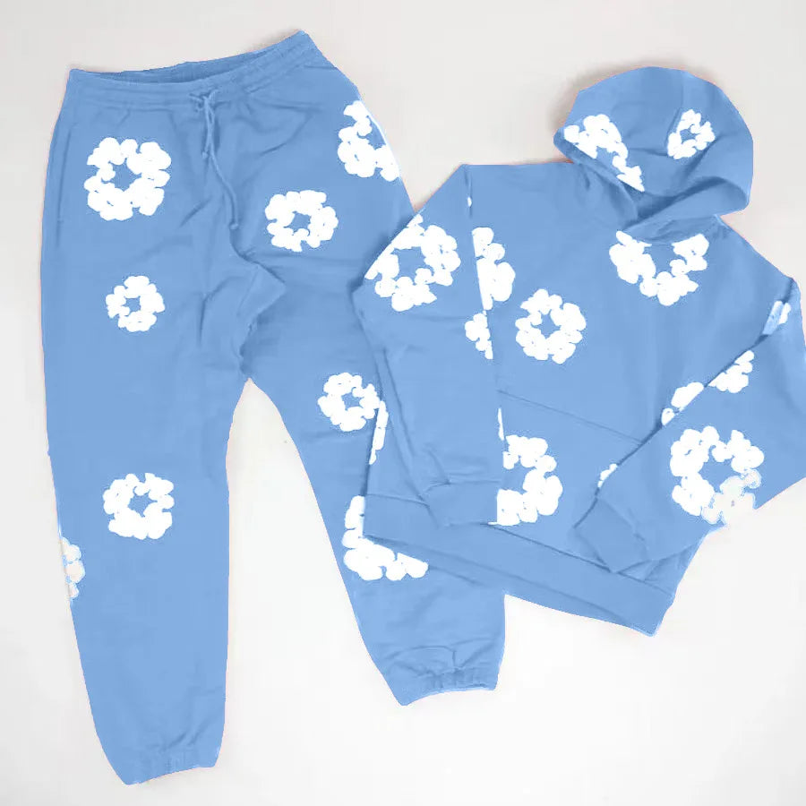 Men's Cotton Big Flower Print Hoodie Sweatshirt + Drawstring Sweatpants Tracksuit