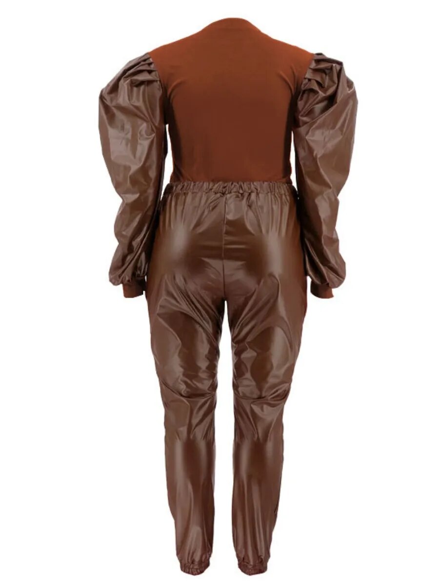 Faux Leather Long Balloon Sleeve Top + Matching Drawstring Pants 2-Piece Set to 5X