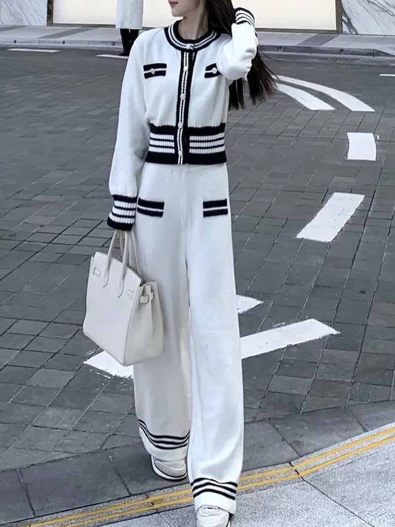 Pullover Striped Double Pocket Button-Up O-Neck Sweater Blazer + Wide Leg Pants Women's Knitted 2-Piece Suit