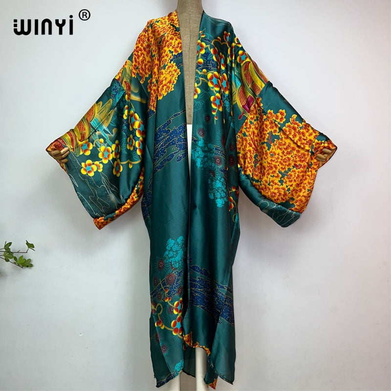 Bohemian African Batwing Sleeve Silk Maxi Cardigan Dress