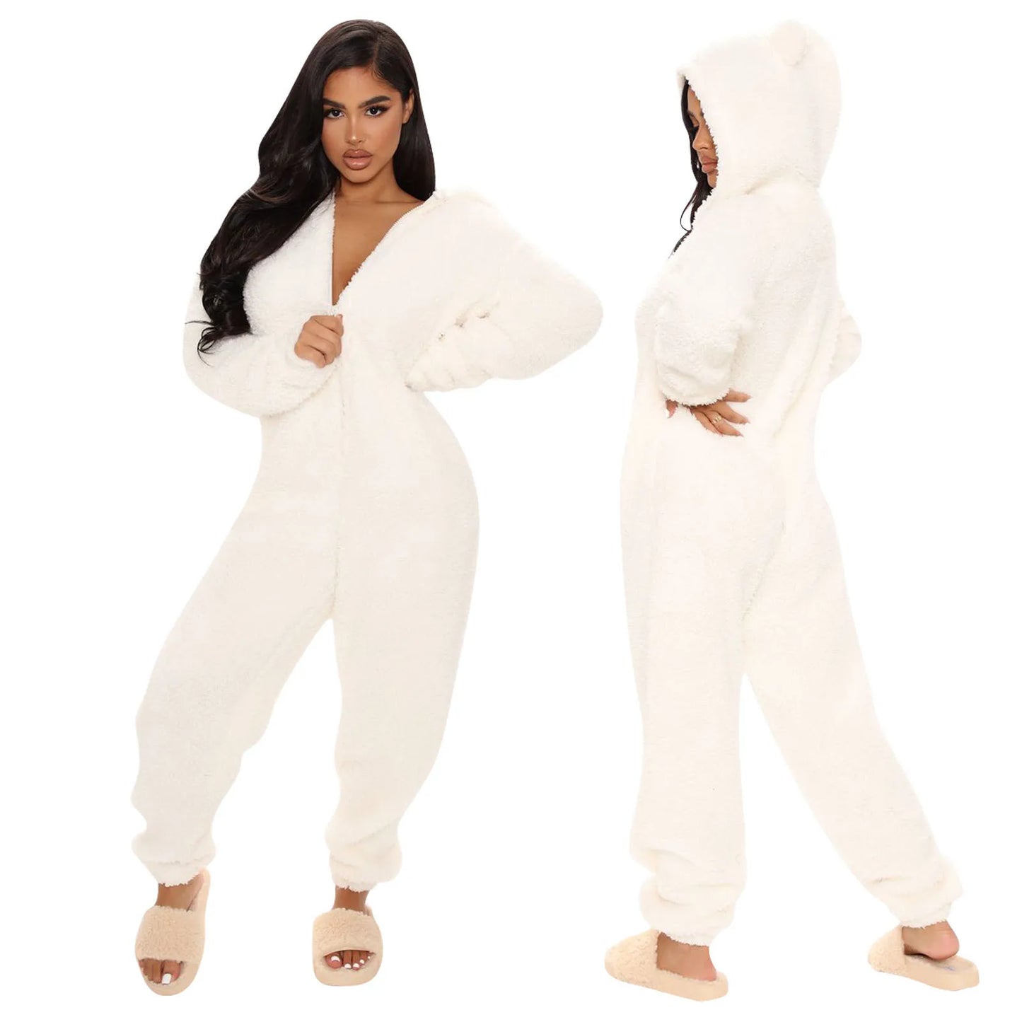 Solid Long-Sleeve Zipper Sleepwear Hooded Ladies Onesie