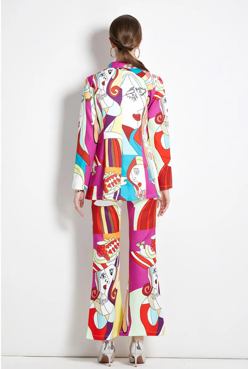 Colorblock Cartoon Print Trouser Suit Notched Blazer Jacket + Matching Flared Pants Ladies Suit