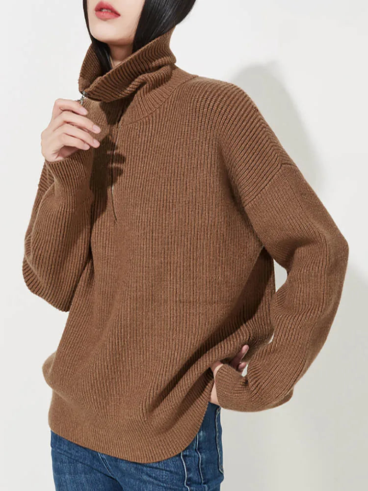 Loose Zipper Design Pullover Solid Turtleneck Knitted Women's Sweater