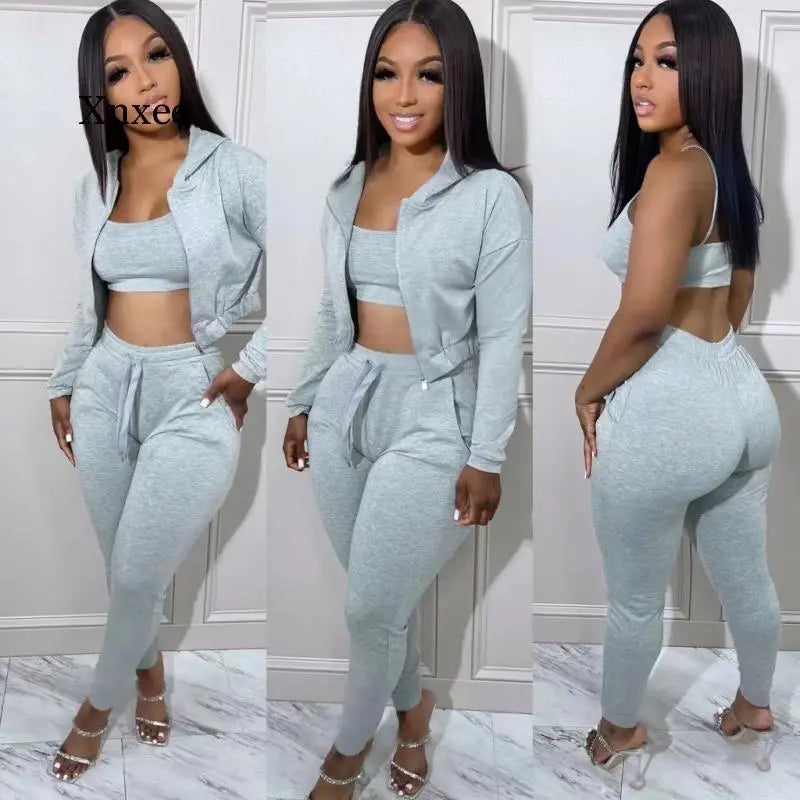 Skinny Solid Long Sleeve Zipper Hoodie + Halter Neck Tank + Sweatpants 3-Piece Ladies Tracksuit