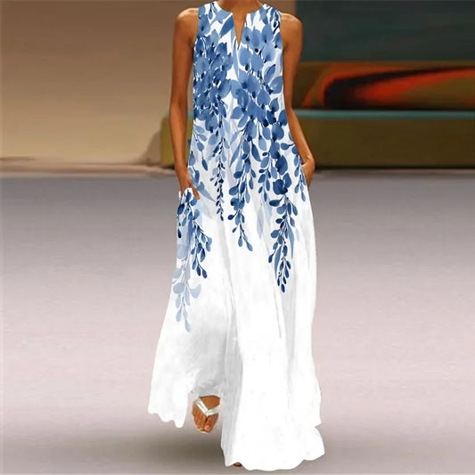 Rainbow Striped/Floral/Geometric Print Sleeveless V-Neck Maxi Dresses