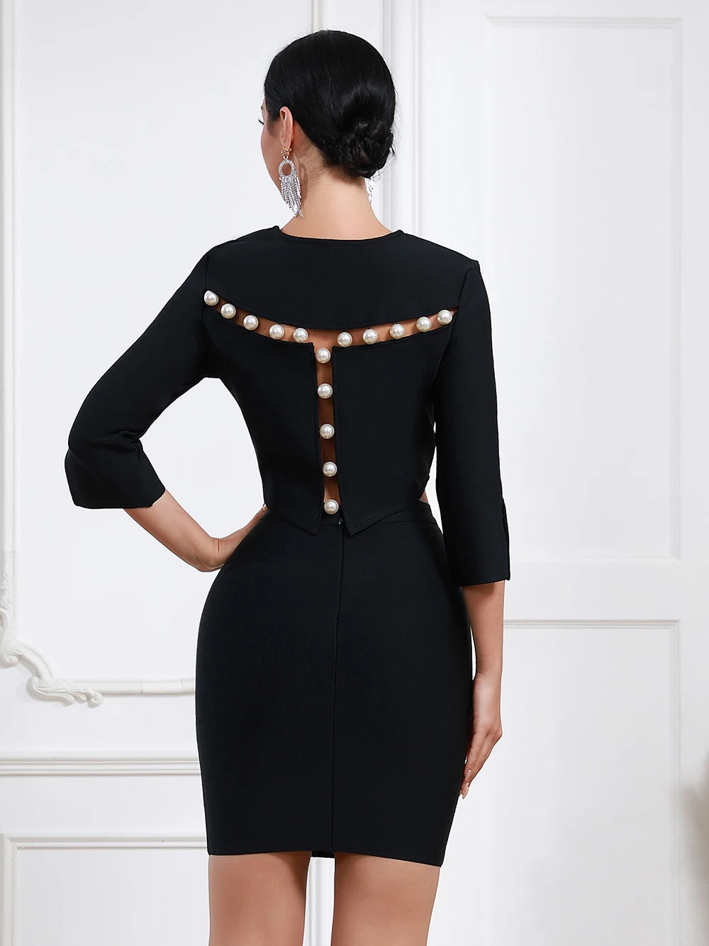 Pearl Embellished Black Bandage O-Neck 3/4 Sleeve Zipper Cropped Blazer + Skinny Fit Skirt Women's Suit