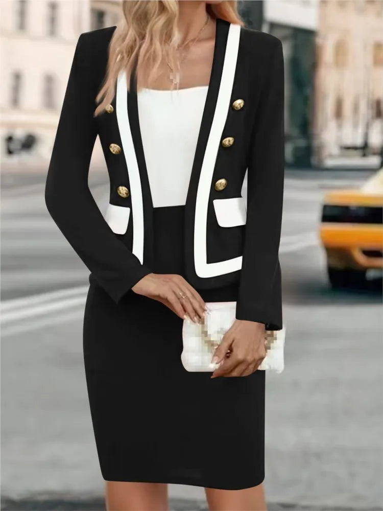 Colorblock Women's Office Button-Up Cardigan Blazer + Midi Skirt Two Piece Set