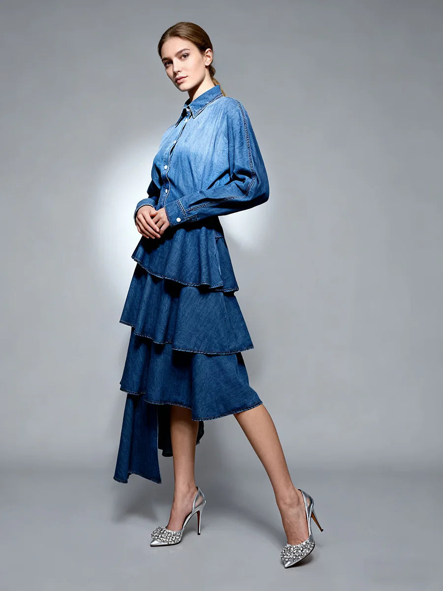 Denim Blue Gradient Colorblock Long Sleeve Turn-Down Collar Jean Shirt + Ruffled Tiered Layered Hi-Lo Tutu Jean Skirt Women's 2-Piece Set