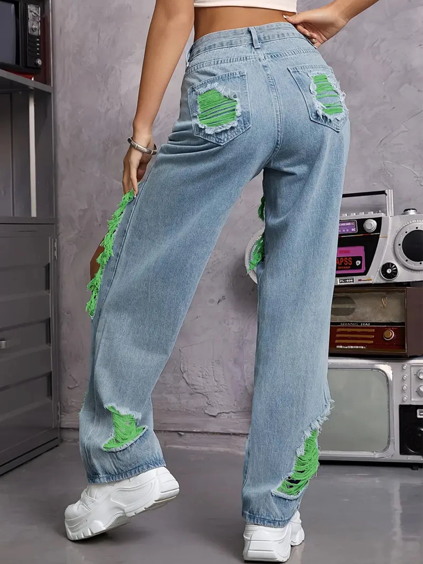 Ripped Denim Hollow-Out Washed Women's Baggy Hip-Hop Streetwear Jeans