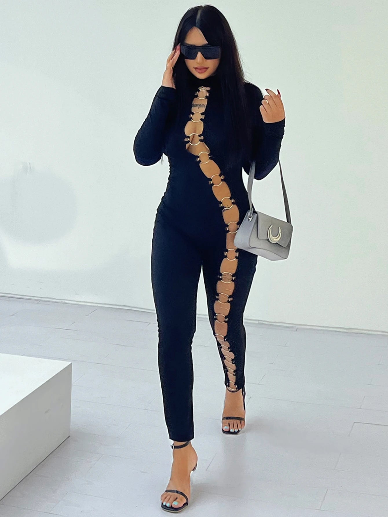 Metal Ring Detail Turtleneck Hollow-Out Long-Sleeve Solid Color Women's Jumpsuit