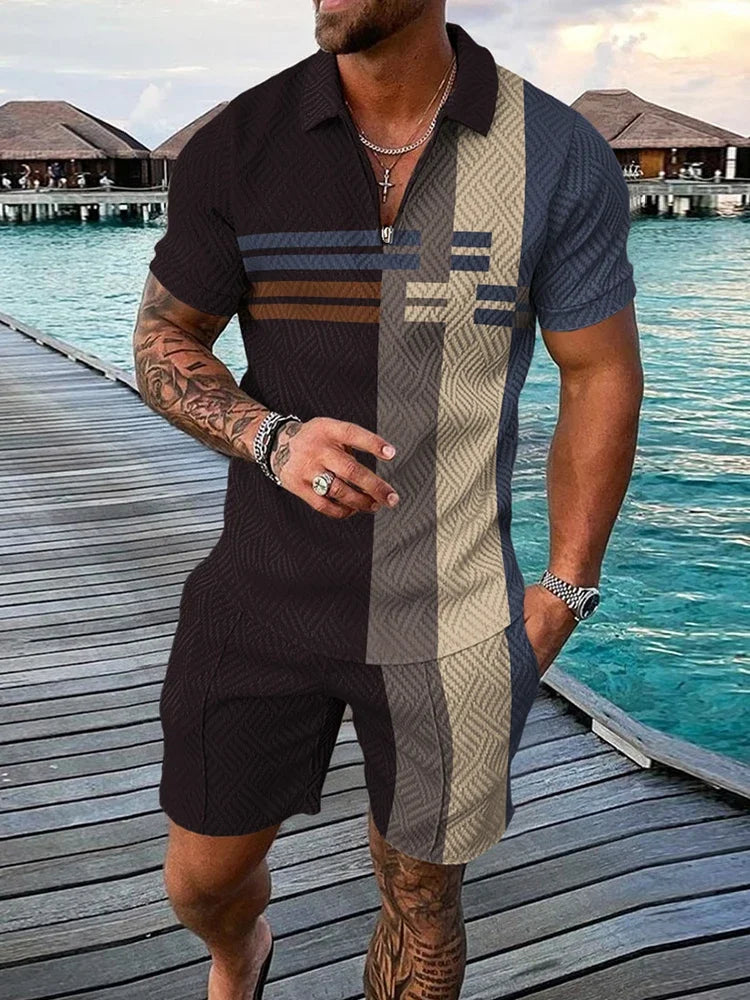 Colorblock/Geometric Men's Polo Shirt + Matching Shorts 2-Piece Set