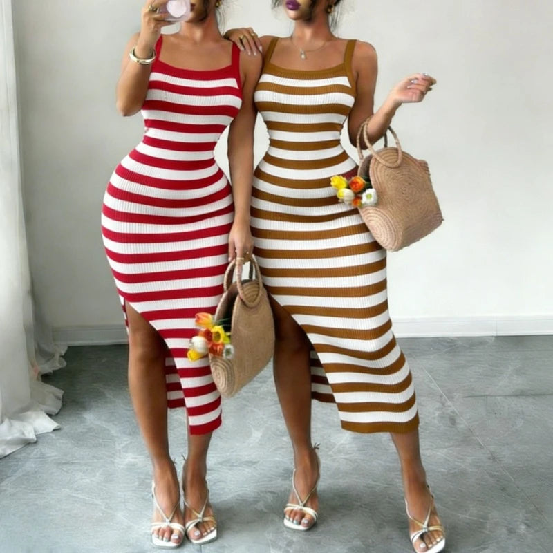 Sleeveless Striped Spaghetti Strap Stretch Knitted Bodycon Maxi Dress