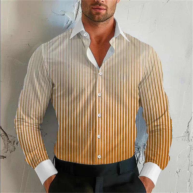 Men's Gradient Striped Turn-Down Collar Long Sleeve Dress Shirts to 5X Big & Tall