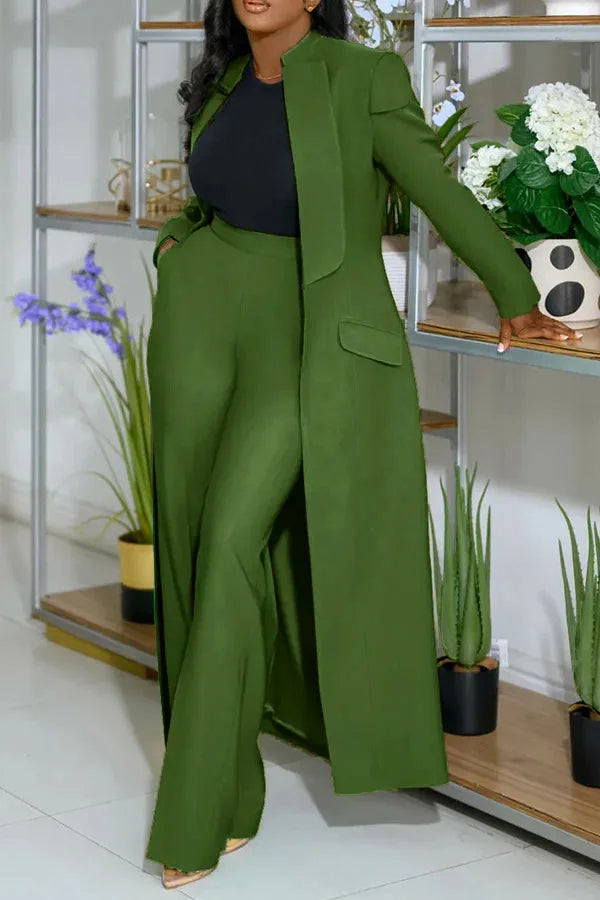 Notched Collar Solid Color Pocketed Maxi Trench Blazer + Pants Women's Office/Formal Party Suit